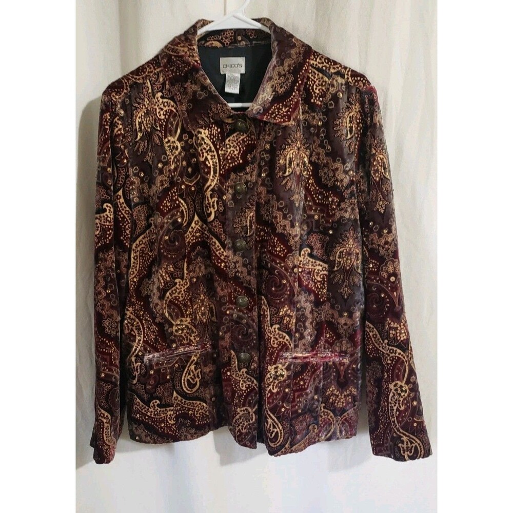 Chico’s Velvet Luster Sanna Jacket Burgundy Paisley Sequin Size 2 (L) Rayon Silk